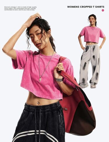 Yimoon Cropped T Shirts for Women Vintage Acid Wash Tees Short Sleeve Cotton Crop Top(BlackGreyApricot-S) in Kuwait