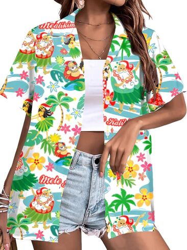 Christmas in July Shirt Women Hawaiian Christmas Shirts Xmas Button Down T Shirt Funny Santa Claus Short Sleeve Tee Tops in Saudi Arabia