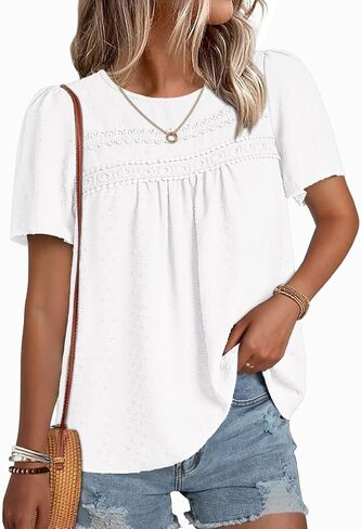 NORACORA Womens Short Sleeve Tops Summer Crewneck Shirts Casual Chiffon Blouses Flowy Lace Hem Boho 2026 Trendy Clothes in Saudi Arabia