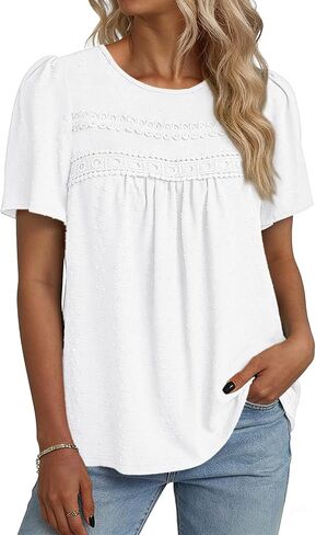 NORACORA Womens Short Sleeve Tops Summer Crewneck Shirts Casual Chiffon Blouses Flowy Lace Hem Boho 2026 Trendy Clothes in Saudi Arabia