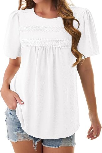 NORACORA Womens Short Sleeve Tops Summer Crewneck Shirts Casual Chiffon Blouses Flowy Lace Hem Boho 2026 Trendy Clothes in Saudi Arabia