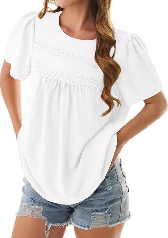 NORACORA Womens Short Sleeve Tops Summer Crewneck Shirts Casual Chiffon Blouses Flowy Lace Hem Boho 2026 Trendy Clothes in Saudi Arabia