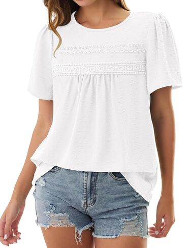 NORACORA Womens Short Sleeve Tops Summer Crewneck Shirts Casual Chiffon Blouses Flowy Lace Hem Boho 2026 Trendy Clothes in Saudi Arabia