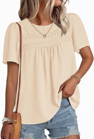 NORACORA Womens Short Sleeve Tops Summer Crewneck Shirts Casual Chiffon Blouses Flowy Lace Hem Boho 2026 Trendy Clothes in Saudi Arabia