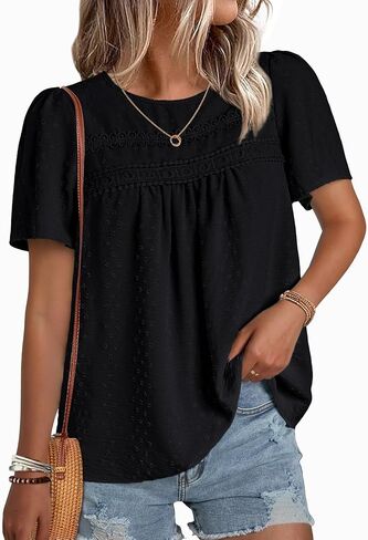 NORACORA Womens Short Sleeve Tops Summer Crewneck Shirts Casual Chiffon Blouses Flowy Lace Hem Boho 2026 Trendy Clothes in Saudi Arabia