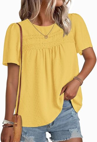 NORACORA Womens Short Sleeve Tops Summer Crewneck Shirts Casual Chiffon Blouses Flowy Lace Hem Boho 2026 Trendy Clothes in Saudi Arabia