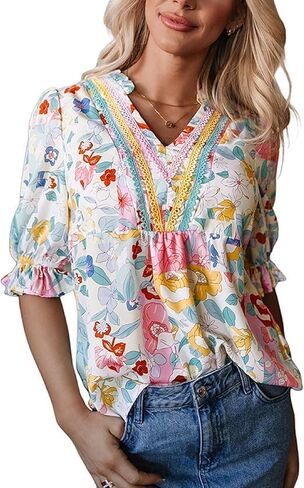 Floral Tops for Women V Neck Puff Sleeve Boho T-Shirt Spring Summer Casual Loose Shirts Flowy Babydoll Pullover Top in Saudi Arabia