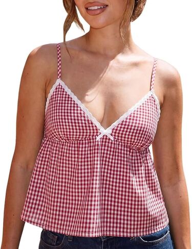Women Plaid Babydoll Cami Tops Y2k Gingham V Neck Lace Trim Peplum Tank Tops Summer Going Out Camisoles Streetwear in Saudi Arabia