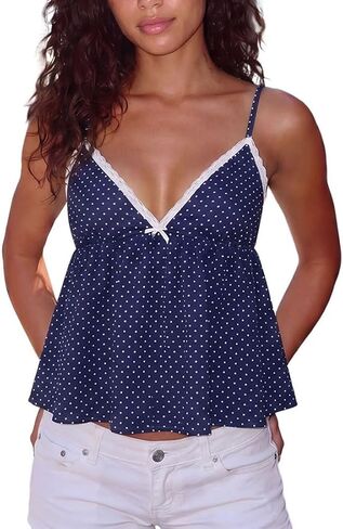 Women Plaid Babydoll Cami Tops Y2k Gingham V Neck Lace Trim Peplum Tank Tops Summer Going Out Camisoles Streetwear in Saudi Arabia
