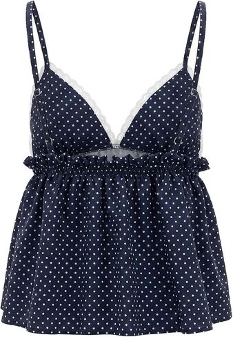 Women Plaid Babydoll Cami Tops Y2k Gingham V Neck Lace Trim Peplum Tank Tops Summer Going Out Camisoles Streetwear in Saudi Arabia