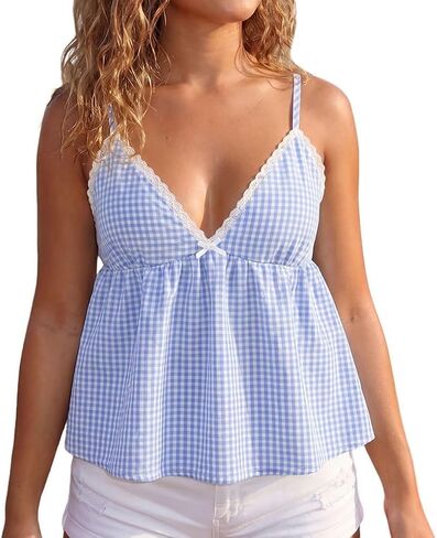 Women Plaid Babydoll Cami Tops Y2k Gingham V Neck Lace Trim Peplum Tank Tops Summer Going Out Camisoles Streetwear in Saudi Arabia