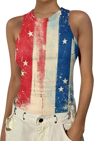 Ribbed Tank Tops for Women Soft Cozy Slimming Fitted Sleeveless Undershirt Stars and Stripes Print Tanks Activewear in Kuwait