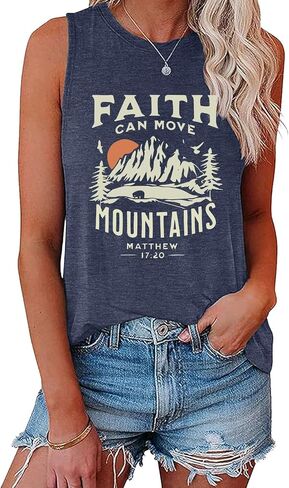 LOOKFACE Women's Crewneck Sleeveless Tank Top with Faith Can Move Graphic Print Cute Tunics in Saudi Arabia