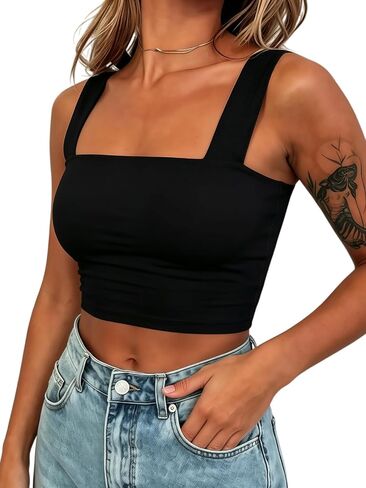Women's Square Neck Crop Tank Tops Sleeveless Slim Fit Double Layered Camisole Basic Going Out Shirts in Saudi Arabia