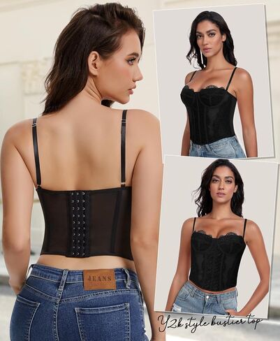 Werena Corset Tops for Women Lace Bustier Crop Top Sexy Going Out Top with Adjustable Straps Mesh Cami Tops for Halloween in Kuwait