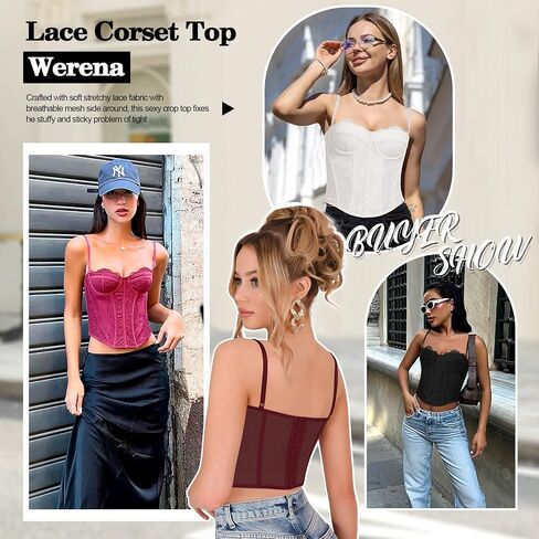 Werena Corset Tops for Women Lace Bustier Crop Top Sexy Going Out Top with Adjustable Straps Mesh Cami Tops for Halloween in Kuwait
