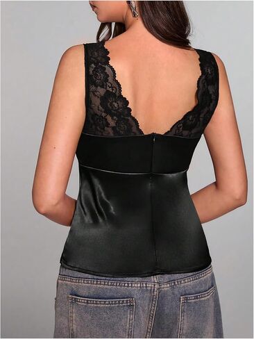 SHENHE Women's Satin Lace Top V Neck Sleeveless Low Back Tank Party Silky Going Out Tops in Kuwait
