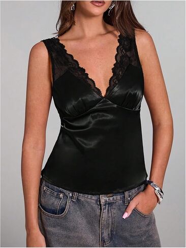 SHENHE Women's Satin Lace Top V Neck Sleeveless Low Back Tank Party Silky Going Out Tops in Kuwait