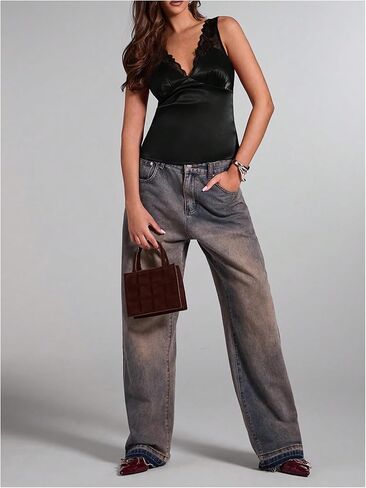 SHENHE Women's Satin Lace Top V Neck Sleeveless Low Back Tank Party Silky Going Out Tops in Kuwait