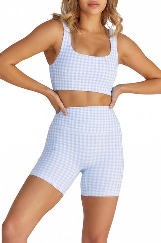 Womens Gingham Workout Sets 2 Piece Sets Summer Outfits Athletic Sports Bra High Waist Shorts Sets Matching Activewear Sets in Saudi Arabia