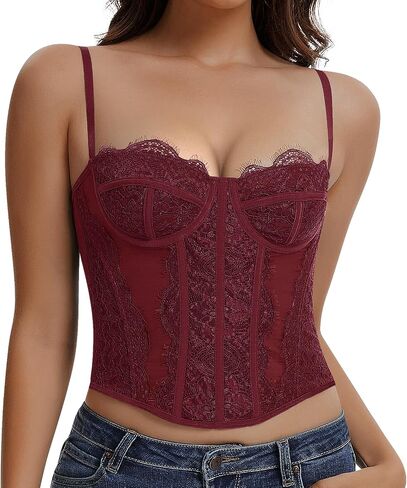 Werena Corset Tops for Women Lace Bustier Crop Top Sexy Going Out Top with Adjustable Straps Mesh Cami Tops for Halloween in Kuwait