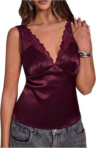 SHENHE Women's Satin Lace Top V Neck Sleeveless Low Back Tank Party Silky Going Out Tops in Kuwait