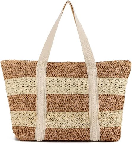 KUANG! Large Straw Beach Bag for women Stripes Woven Straw Tote Bag Summer Handbag Shoulder Bag in Kuwait