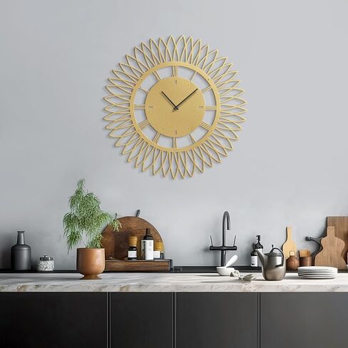 Metal Wall Clock Wall Art Decor, Mid-Century Starburst Wall Sculpture Clock Silent Battery Operated Hangings Home Decoration for Living Room, Bedroom, Kitchen, Bathroom - 24" Gold in Saudi Arabia
