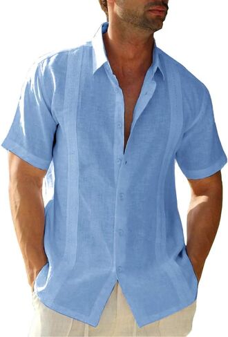 Mens Short Sleeve Cuban Camp Guayabera Shirt Linen Cotton Hippie Beach Button Down Shirts in Kuwait