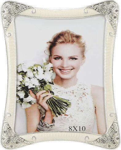 إطار صورة أبيض معدني عتيق مقاس 8 × 10 إطار فضي وزهري عتيق إطار صورة مزخرف بإطار ذهبي منضدية أو عرض فني جداري، واجهة زجاجية شفافة عالية الدقة، هدايا إطار الزفاف للأزواج والنساء in Kuwait
