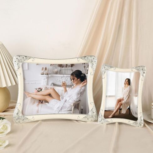 إطار صورة أبيض معدني عتيق مقاس 8 × 10 إطار فضي وزهري عتيق إطار صورة مزخرف بإطار ذهبي منضدية أو عرض فني جداري، واجهة زجاجية شفافة عالية الدقة، هدايا إطار الزفاف للأزواج والنساء in Kuwait