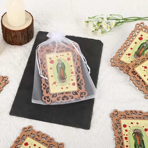 50 Pcs Our Lady of Guadalupe Wooden Picture Frames with Organza Gift Bags Baptism Favors for Guests First Communion Favors for Guests Recuerdos De Bautizo in Saudi Arabia