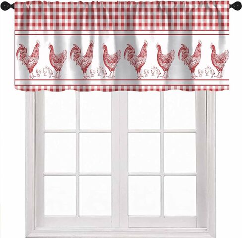 Farmhouse Rooster Kitchen Valance Curtains, Rustic Red White Buffalo Check Stripe Boho Window Treatment Valances for Dining Room Living Room 1 Panel, 54x18Inch in Saudi Arabia