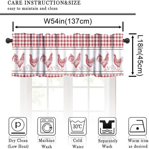 Farmhouse Rooster Kitchen Valance Curtains, Rustic Red White Buffalo Check Stripe Boho Window Treatment Valances for Dining Room Living Room 1 Panel, 54x18Inch in Saudi Arabia