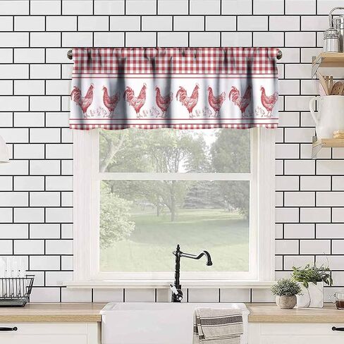 Farmhouse Rooster Kitchen Valance Curtains, Rustic Red White Buffalo Check Stripe Boho Window Treatment Valances for Dining Room Living Room 1 Panel, 54x18Inch in Saudi Arabia