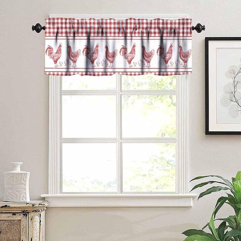 Farmhouse Rooster Kitchen Valance Curtains, Rustic Red White Buffalo Check Stripe Boho Window Treatment Valances for Dining Room Living Room 1 Panel, 54x18Inch in Saudi Arabia