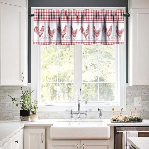 Farmhouse Rooster Kitchen Valance Curtains, Rustic Red White Buffalo Check Stripe Boho Window Treatment Valances for Dining Room Living Room 1 Panel, 54x18Inch in Saudi Arabia