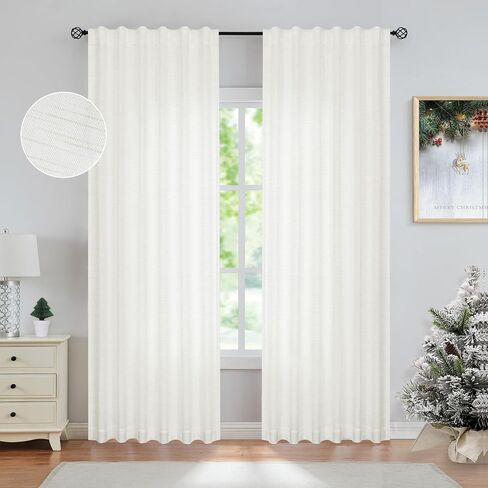 Linen Herringbone Stripe Semi Sheer Recycleable Curtain Panels for Bedroom Back Tab Rod Pocket Linen Texture White Window Treatment Drape for Living Room Farmhouse, 54"x84", 2 Panels, Linen/White in Saudi Arabia
