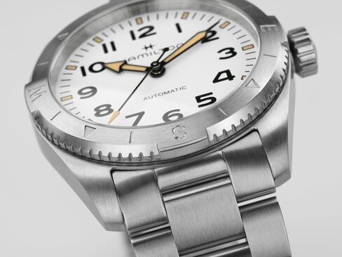 Hamilton Khaki Field Automatic Men's Watch, 37mm Stainless Steel Case, Swiss Made, White Dial Analog Wrist Watch for Men, 100m Waterproof, Sapphire Crystal, 3-Hand Movement, Stainless Steel Strap in Kuwait