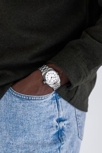 Hamilton Khaki Field Automatic Men's Watch, 37mm Stainless Steel Case, Swiss Made, White Dial Analog Wrist Watch for Men, 100m Waterproof, Sapphire Crystal, 3-Hand Movement, Stainless Steel Strap in Kuwait