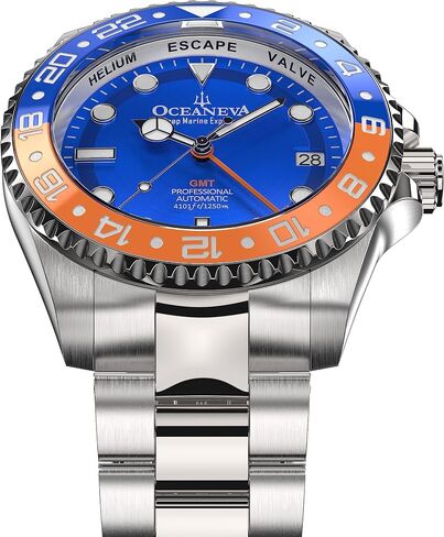 ساعة Oceaneva™ للرجال بتوقيت جرينتش أوتوماتيك ديب مارين إكسبلورر 1250M Pro Diver بإطار برتقالي ومينا أزرق - سوار من الفولاذ المقاوم للصدأ in Kuwait