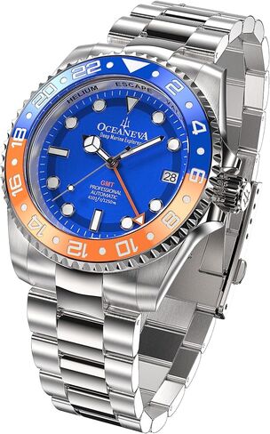 ساعة Oceaneva™ للرجال بتوقيت جرينتش أوتوماتيك ديب مارين إكسبلورر 1250M Pro Diver بإطار برتقالي ومينا أزرق - سوار من الفولاذ المقاوم للصدأ in Kuwait
