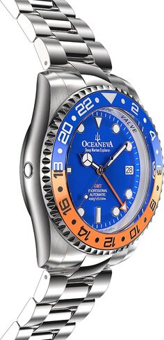 ساعة Oceaneva™ للرجال بتوقيت جرينتش أوتوماتيك ديب مارين إكسبلورر 1250M Pro Diver بإطار برتقالي ومينا أزرق - سوار من الفولاذ المقاوم للصدأ in Kuwait