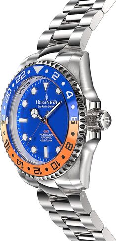 ساعة Oceaneva™ للرجال بتوقيت جرينتش أوتوماتيك ديب مارين إكسبلورر 1250M Pro Diver بإطار برتقالي ومينا أزرق - سوار من الفولاذ المقاوم للصدأ in Kuwait