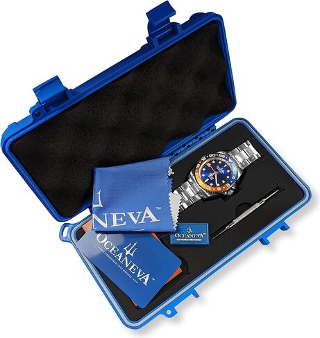 ساعة Oceaneva™ للرجال بتوقيت جرينتش أوتوماتيك ديب مارين إكسبلورر 1250M Pro Diver بإطار برتقالي ومينا أزرق - سوار من الفولاذ المقاوم للصدأ in Kuwait