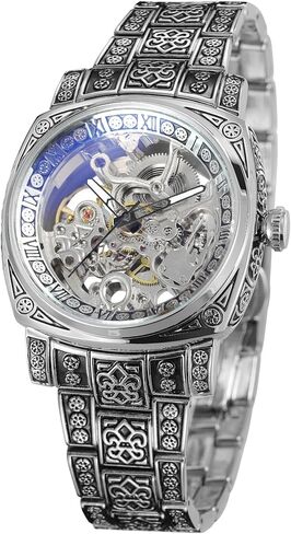 Men's Automatic Watches High-end Vintage Skeleton Self Winding Analog Square Wristwatch with Stainless Steel Bracelet in Saudi Arabia