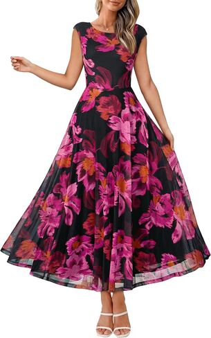 Simplee Womens Floral Wedding Guest Dress Summer Mesh Cap Sleeve Crewneck Flowy Elegant Party Vacation Formal Maxi Dresses in Saudi Arabia
