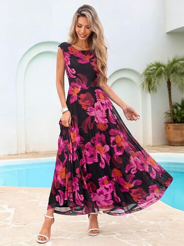 Simplee Womens Floral Wedding Guest Dress Summer Mesh Cap Sleeve Crewneck Flowy Elegant Party Vacation Formal Maxi Dresses in Saudi Arabia