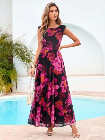 Simplee Womens Floral Wedding Guest Dress Summer Mesh Cap Sleeve Crewneck Flowy Elegant Party Vacation Formal Maxi Dresses in Saudi Arabia