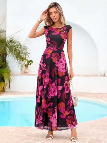 Simplee Womens Floral Wedding Guest Dress Summer Mesh Cap Sleeve Crewneck Flowy Elegant Party Vacation Formal Maxi Dresses in Saudi Arabia
